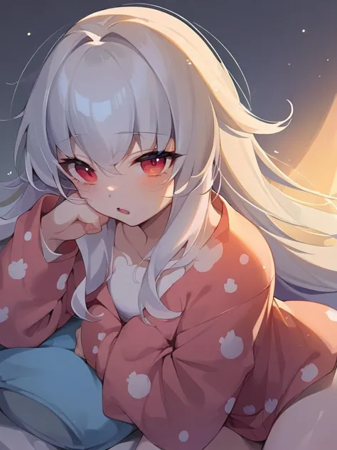 anime girl laying on a bed with a moon in the background