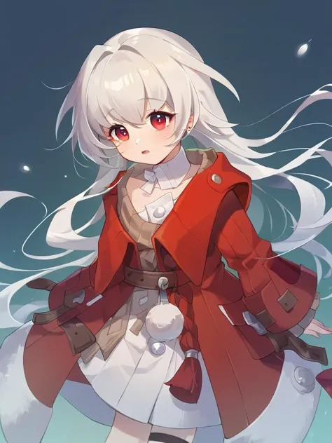 a close up of a person in a red coat and white dress