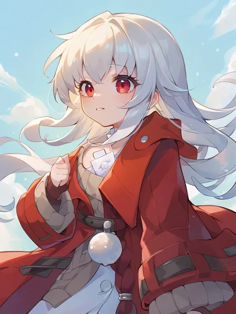 <lora:xl_kelala_pony2:1>,'clara' is a girl with long white hair and red eyes,she is wearing the 'kelala' outfit which includes red coat brown sweater white shirt,, score_9, score_8_up,