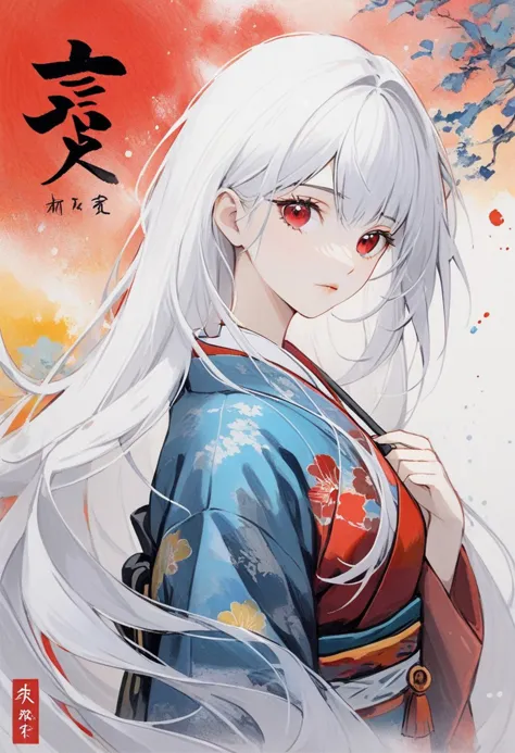 best quality, masterpiece, 1girl, clara,long white hair,red eyes,kelala costume,colorful kimono, looking at viewer, flawless,fre...