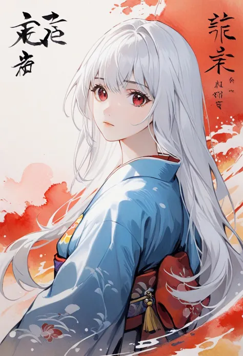 best quality, masterpiece, 1girl, clara,long white hair,red eyes,kelala costume,colorful kimono, looking at viewer, flawless,Fre...