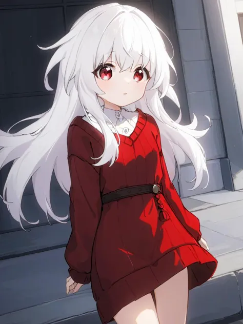 anime girl with long white hair and red dress standing on steps