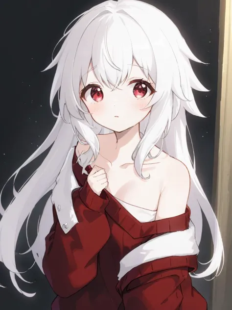 <lora:xl_kelala girl2-000012:1>,kelala girl,white hair,red eyes,off-shoulder sweater,