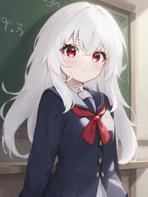 anime girl in uniform standing in front of a blackboard