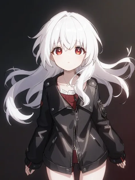 a woman with long white hair and red eyes standing in front of a black background