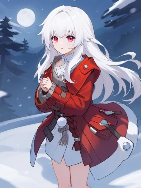 <lora:xl_kelala girl-000011:1>,kelala girl,white hair,Red eyes,Flowtress\(hairstyle)\,red Coatventure\(clothing)\,