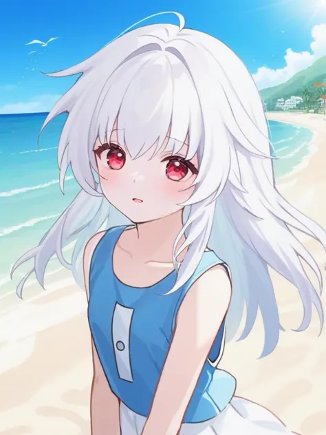 anime girl with long white hair and red eyes standing on the beach