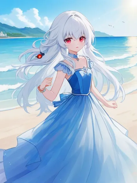 a woman in a blue dress standing on a beach next to the ocean