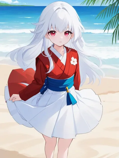 <lora:xl_kelala girl-000011:1>,kelala girl,white hair,Red eyes,Flowtress\(hairstyle)\,beach,hakama short skirt,