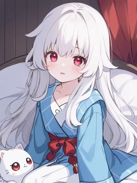 anime girl with white hair and red eyes sitting on a bed