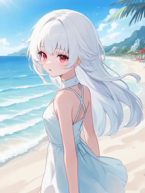 <lora:xl_kelala girl-000011:1>,kelala girl,white hair,Red eyes,Flowtress\(hairstyle)\,beach,mini body con