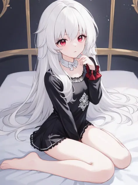 anime girl with long white hair sitting on a bed