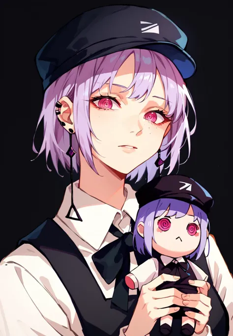 anime girl with purple hair holding a doll in her hands