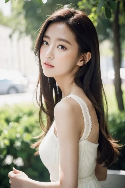 best quality,masterpiece,(photorealistic:1.4),raw photo,(Authentic skin texture_1.3),1girl,solo,outdoor,long hair,(portrait:1.2),white long skirt,