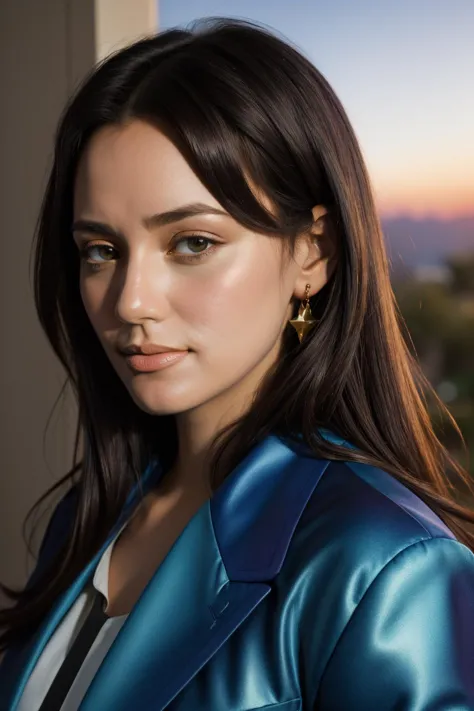 a close up of a woman wearing a blue jacket and earrings