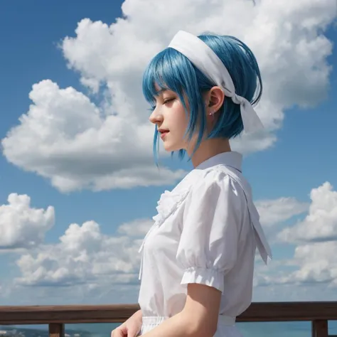 arafed woman with blue hair and a white dress standing on a balcony