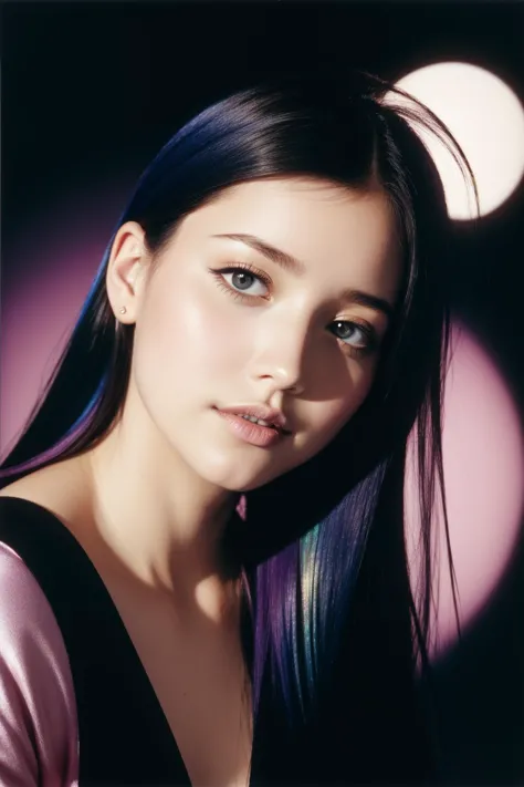 a close up of a woman with long black hair and a pink shirt