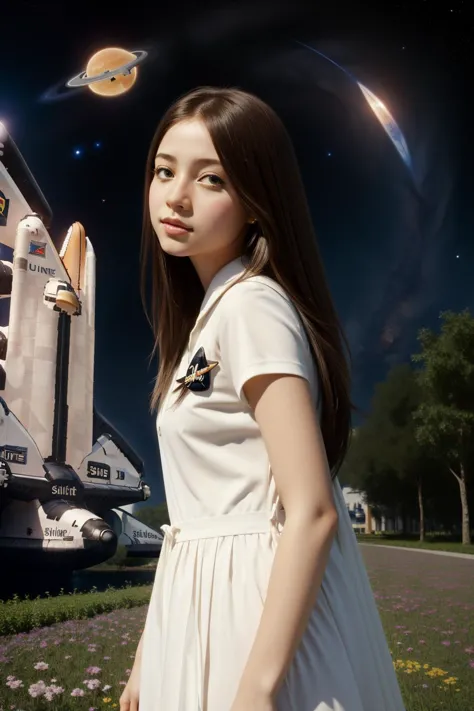 arafed image of a woman in a white dress standing in front of a space shuttle