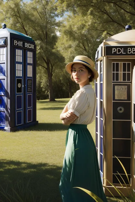 arafed woman in a green skirt and hat standing next to a blue police box