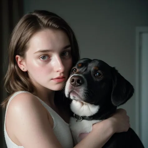 arafed woman holding a dog in her arms in a dark room