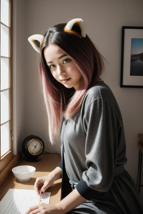 arafed woman with pink hair and cat ears writing on a piece of paper