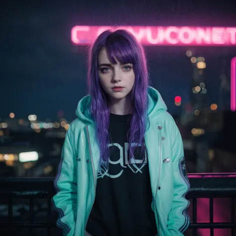 a close up of a person with purple hair standing in front of a neon sign