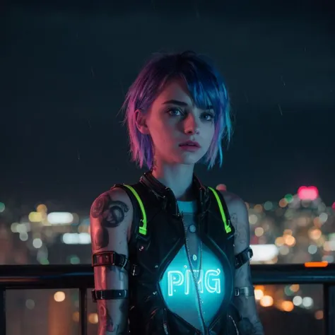 a woman with neon lights on her chest standing on a balcony