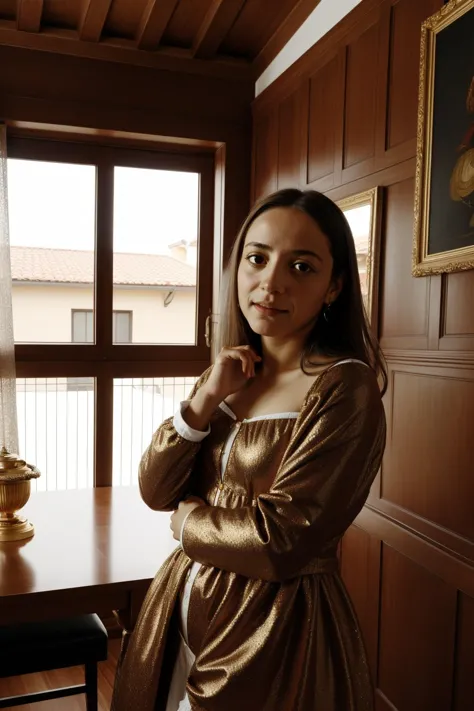 arafed woman in a gold dress standing in front of a window