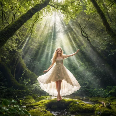 arafed woman in a white dress standing on a moss covered rock in a forest