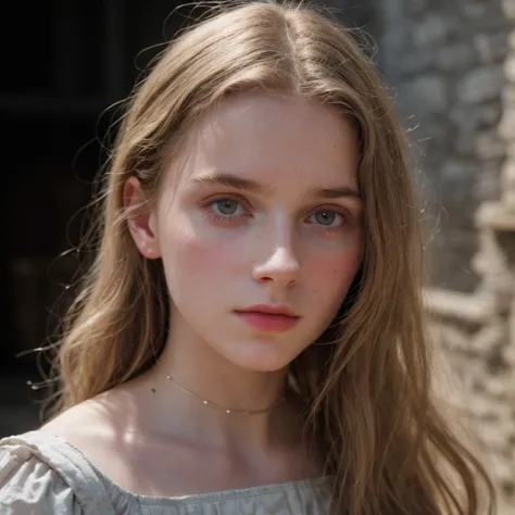 a young girl with long hair and a grey dress