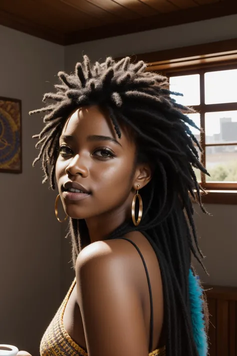 a close up of a woman with dreadlocks holding a cup of coffee