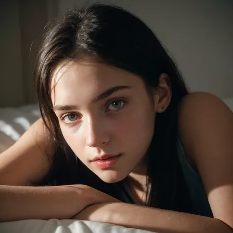 a close up of a young woman laying on a bed