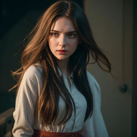 a woman with long hair standing in a room with a white shirt