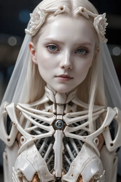 raw photo, enigmatic close-up photograph, ethereal beauty of a mysterious woman, with intricate biomechanical details, porcelain skin, exo skeleton, (high detailed mechanical skin:1.2), 8k uhd, dslr, soft lighting, high quality, film grain, Fujifilm XT3