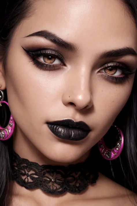 raw photo, face close up, glamour photography of a random stylish goth girl, edgy vibe, dark, mascara, eyeliner, dark cheeks, Unique facial piercings with ornate jewelry, Round eyes, Dimples, Smoky eye makeup, Defined jawline, skin pores, shiny skin, grain...