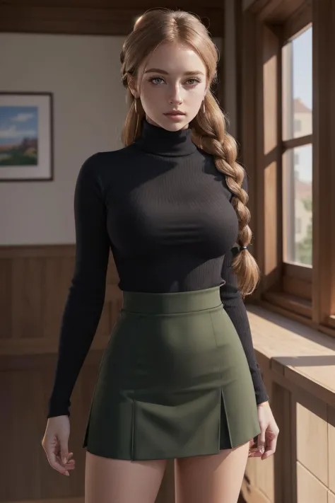 (best quality, high quality, sharp focus:1.3), studentnat, freckles, black turtleneck, black skirt, twin braids