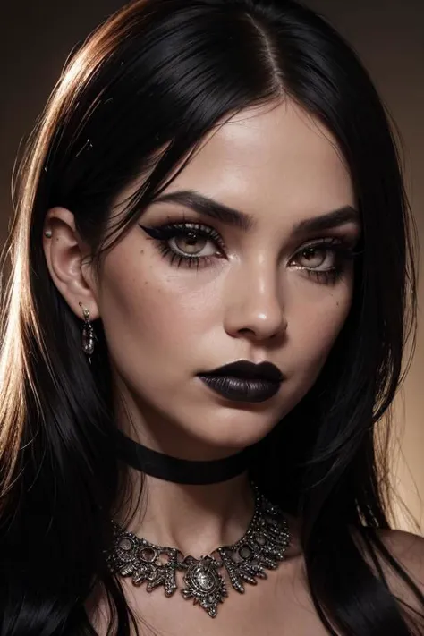 face close up, glamour photography of a random stylish goth girl, edgy vibe, dark, mascara, eyeliner, dark cheeks, Unique facial...
