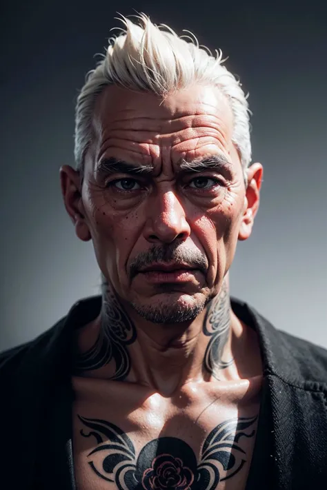 (8k, RAW photo, highest quality), an old wisely grandpa, former yakuza, wearing a kimono, dangerous looking, tattoos, skin pores...