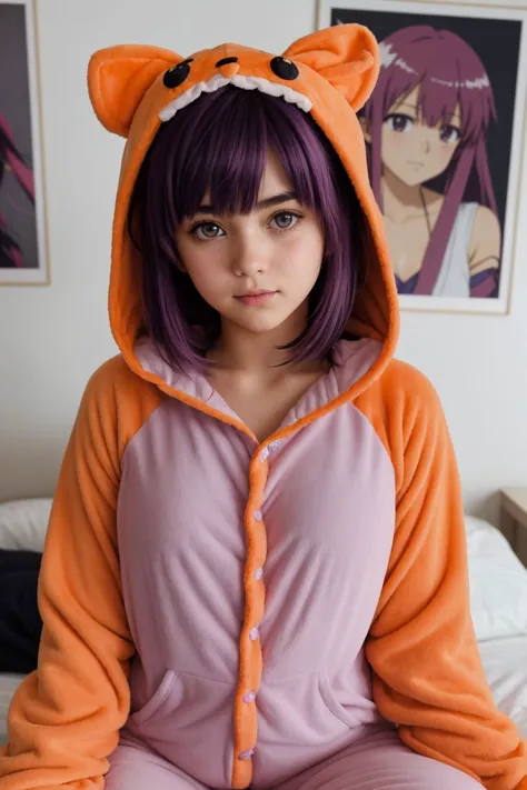 raw photo, upper body photo, a cute anime fan, (canadian, mexican:0.9), [two-toned purple, brunette hair color| messy hair cut, ...