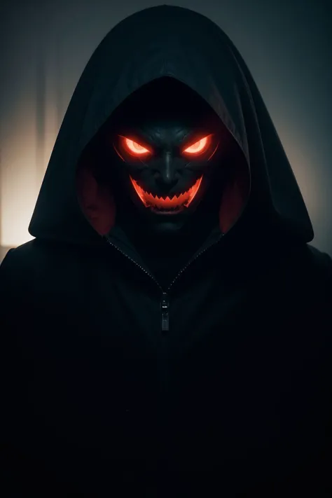 (8k, RAW photo, highest quality), (extremely detailed), masterpiece, best quality, highres, Cinematic villain, ominous silhouette, cloak billowing, sinister mask, glowing eyes, dark lair, nefarious grin, menacing atmosphere, dramatic lighting, perfect shading