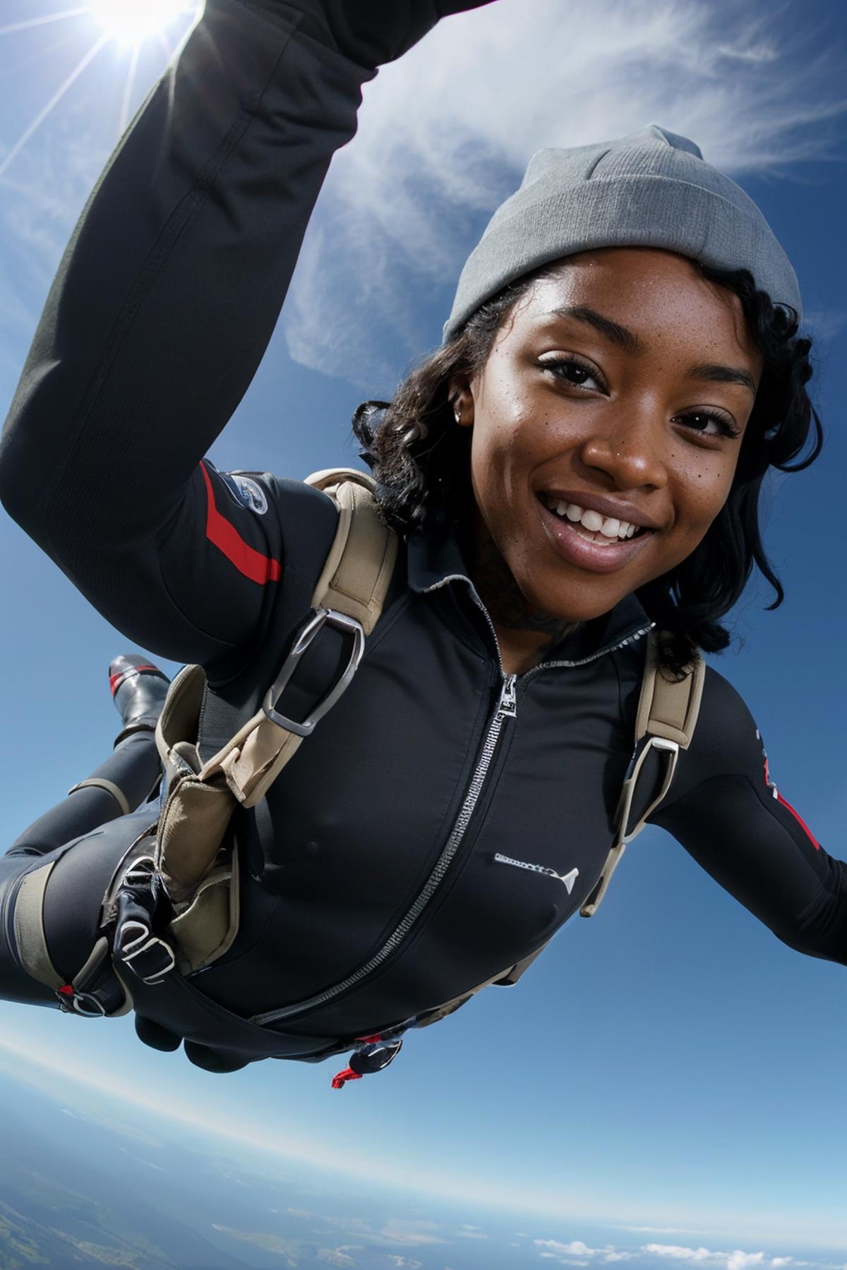 Arafed woman in a black jacket and hat is flying with a parachute - SeaArt  AI