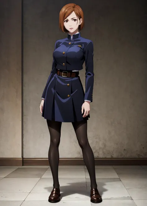 (full body shot, masterpiece, best_quality, ultra-detailed, immaculate:1.3),
BREAK
NobaraKugisaki, brown eyes, 1girl, solo, short hair, brown hair, female focus, serious, looking at viewer, large breasts, gakuran,cropped jacket, belt,high-waist skirt, pantyhose, shoes, posing for photo, standing,
BREAK
bedroom,