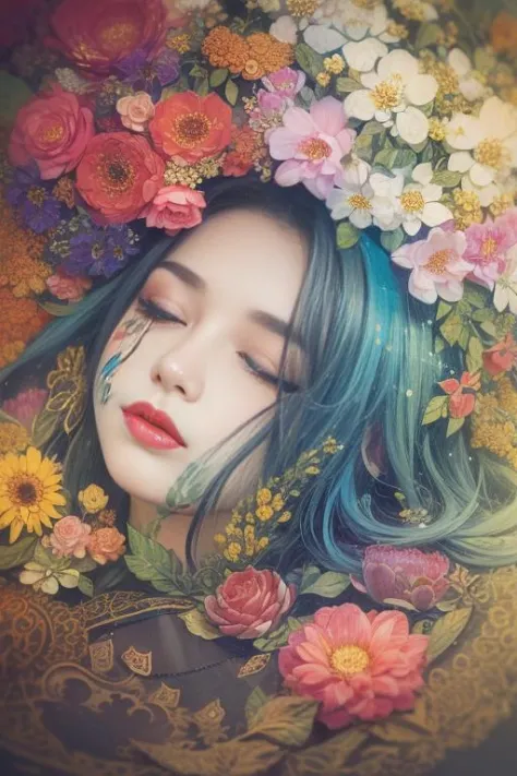 girl, (eyes closed:1.2), (flower:1.3), lying on (grass:1.1), detailed face, gufeng,  <lora:gufeng-000014:0.4>, (colorful:1.4), (...