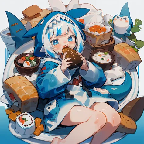 bloop \(gawr gura\), gawr gura, <lora:gawr_gura:0.75>, 1girl, animal costume, animal hood, bare legs, barefoot, blue eyes, blue hair, blue hoodie, blunt bangs, carrot, chibi, eating, fins, fish, fish tail, food, hair ornament, holding, holding food, hood, hoodie, (mini_person, minigirl, oversized food, in food:1.4), leaf, looking at viewer, lying, mini person, minigirl, multicolored hair, open mouth, plate, rice, shark costume, shark girl, shark hair ornament, shark hood, shark print, shark tail, sharp teeth, sleeves past wrists, solo, streaked hair, sushi, tail, teeth, two side up