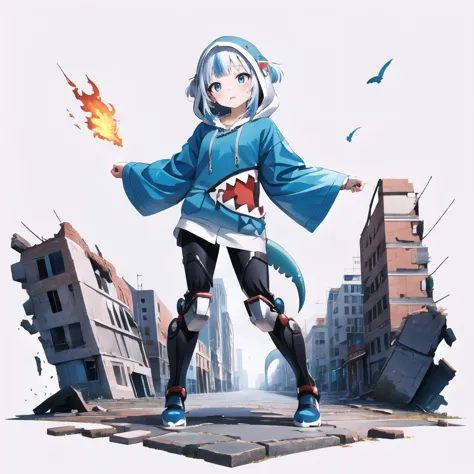 Highly detailed, High Quality, Masterpiece, beautiful, 1girl, gawr gura, tail, shark tail, blue hoodie, shark print, shark hair ...