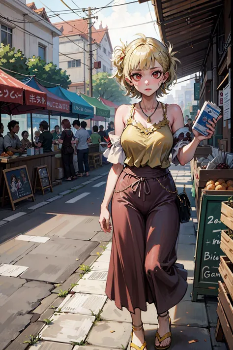 A vibrant, bustling Bangkok street food market,  1girl, solo
BREAK
EPfeCitrinne, <lora:EPfeCitrinne-000005:0.7>
BREAK
[( camisole :1.4),( pom-pom pants:1.3)| (toga, greek clothes:1.4)],( yellow footwear, sandals:1.2)
BREAK
(masterpiece:1.5), illustration, 4k, 8k, natural lighting