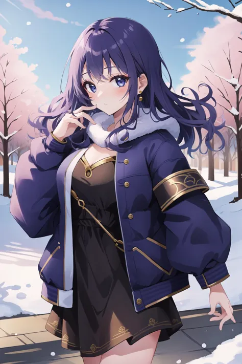 a woman in a purple jacket and black skirt standing in the snow