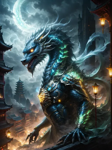 a dragon with glowing eyes and glowing eyes stands in front of a building