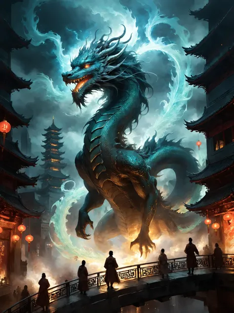 a dragon is standing on a bridge in front of a building