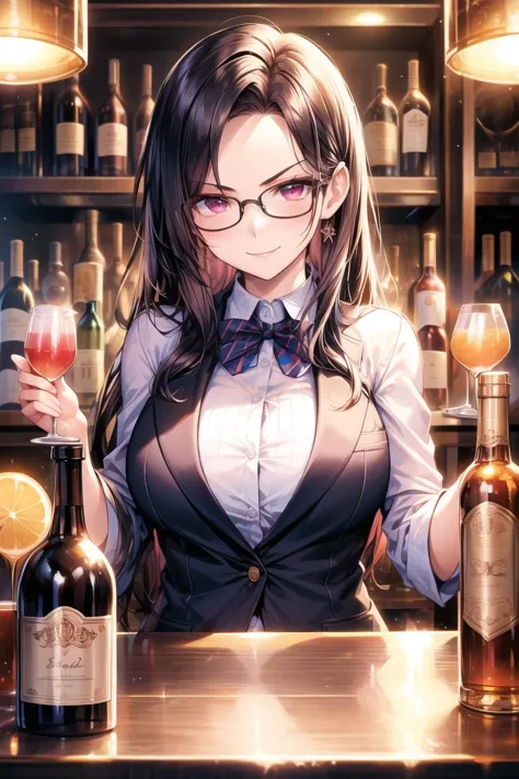 <lora:add_brightness:0.5><lora:add_detail:0.5>
1 woman, large breast,smile, forehead,  black hair,  glasses,bartender, suit, bow...